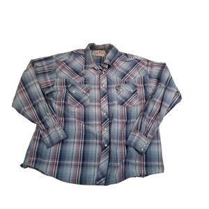 Wrangler Western Shirt Men XXL Pearl Snap Long Sleeve Blue Plaid Metallic Thread